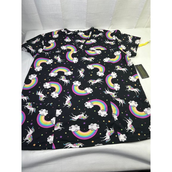 Just Love Women's XL Black V-Neck T-Shirt Unicorn Rainbow Scrub Top NWT - Picture 1 of 6